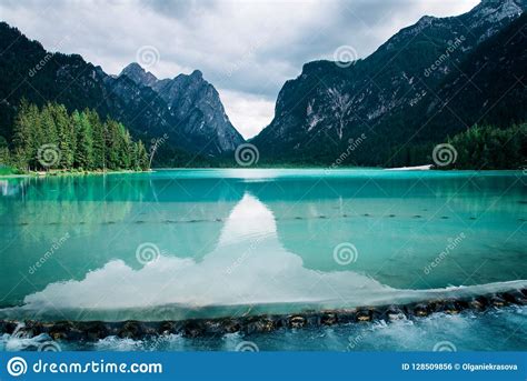 Dobbiaco Lake In The Dolomites Alps Italy Stock Photo
