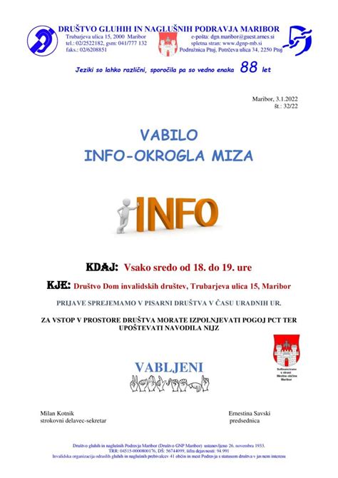 Vabilo info okrogla miza Društvo gluhih in naglušnih Podravja Maribor