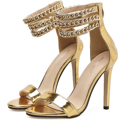 Gold Metallic Metal Chain Ankle Straps Stiletto High Heels Sandals