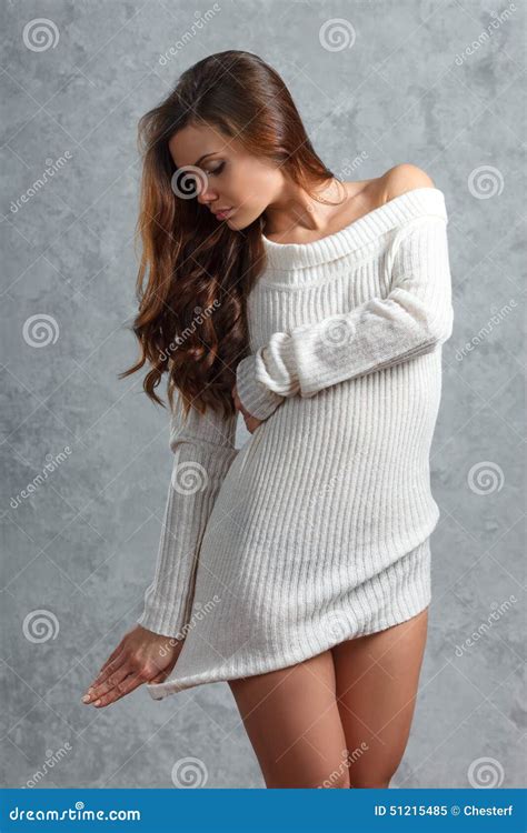 Beautiful Young Brunette Woman In Sweater Stock Image Image Of Beige Gray 51215485
