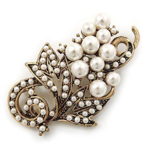 Bridal Vintage White Simulated Glass Pearl Floral Brooch In Burn Gold Metal 5cm Length