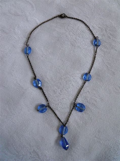 Art Deco Blue Glass Bead Chain Necklace By Mamiezvintage On Etsy 14
