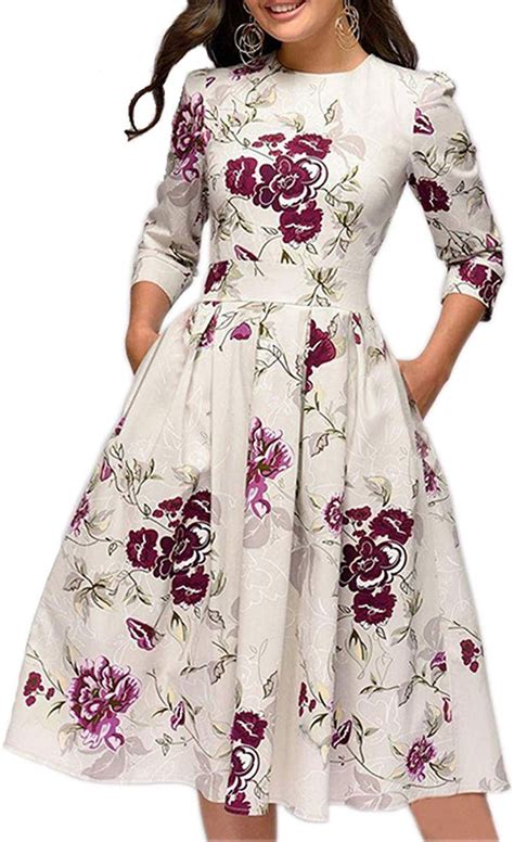 simple flavor women s floral vintage dress elegant midi evening dress 3 4 sleeves elegant midi