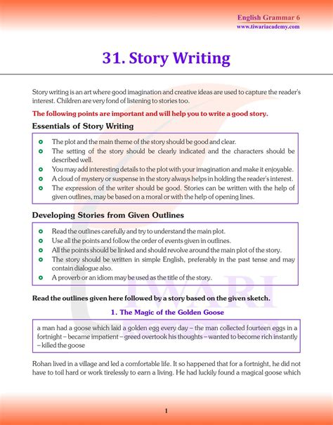 Class 6 English Grammar Chapter 31 Story Writing For Session 2024 25