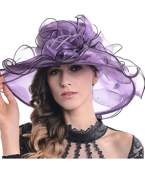 Women Organza Wide Brim Large Flower Church Sun Hat Purple Cu11xkyodsf