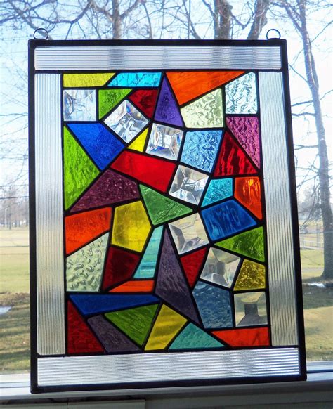 Stained Glass Free Shipping Multi Color And Clear Bevels Abstract Ooak Window Panel By