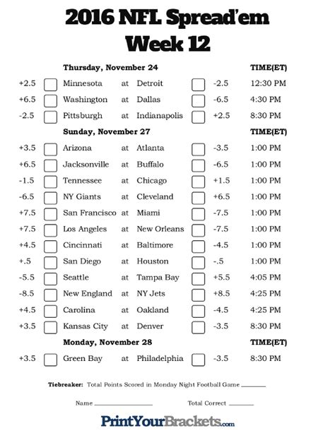 Nfl Week 12 Printable Schedule Customize And Print