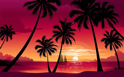 Sun Sea Boat Palm Trees Sunset Beach Nature Phone Wallpapers