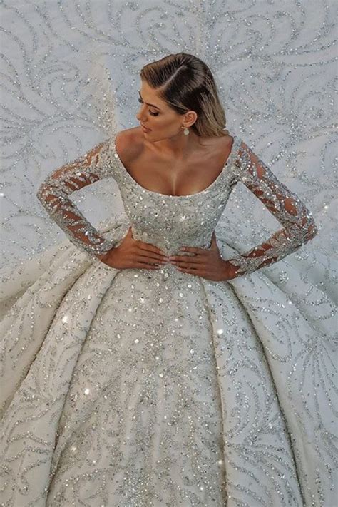 Gorgeous Shiny Sequins Crystal Ball Gown Wedding Dresses Beads Long Sleeve Off The Shoulder