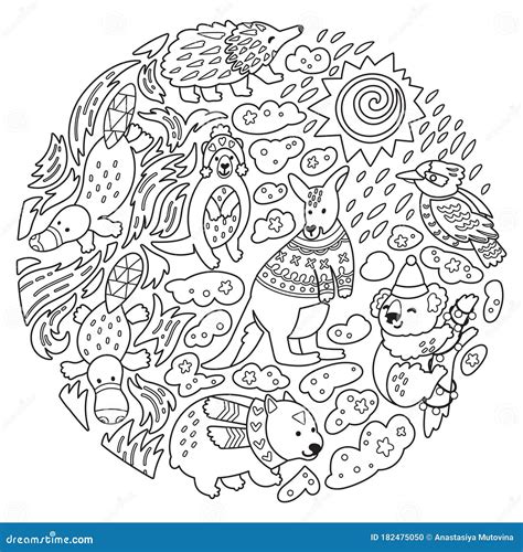 Doodle Christmas Australian Animals In The Circle Vector Illustration