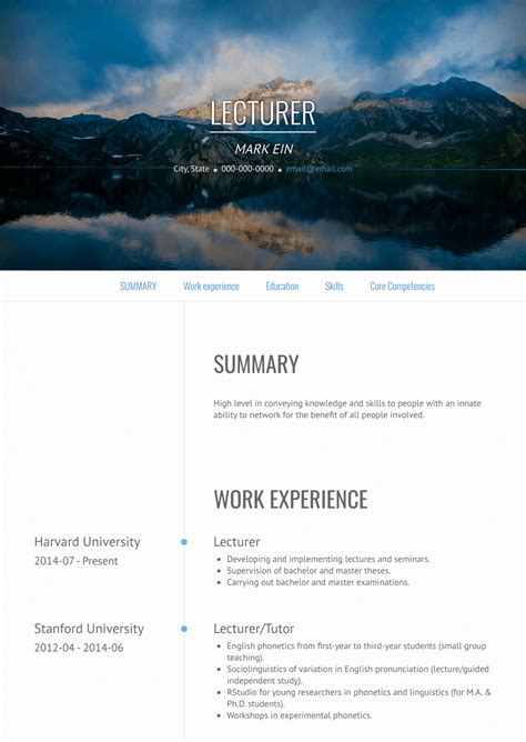 The curriculum vitae, also known as a cv or vita, is a comprehensive statement of your educational background, teaching, and research experience. Lecturer - Resume Samples and Templates | VisualCV