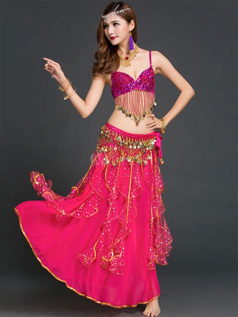 Belly Dance Costume Rose Red 3 Piece Chiffon Bollywood Dance Dress For Women