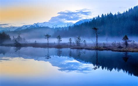 壁纸 阳光 景观 森林 意大利 湖 水 性质 反射 天空 冬季 日出 蓝色 雪峰 晚间 早上 薄雾 大气层
