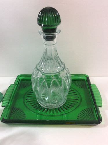 Vintage Avon Emerald Green Amp Clear Glass Decanter Serving Tray Amp 3