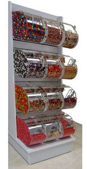 white slatwall candy rack    face bins candy