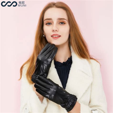 women sheepskin gloves lace touchscreen texting winter genuine leather fashion 2018 luxury wrist
