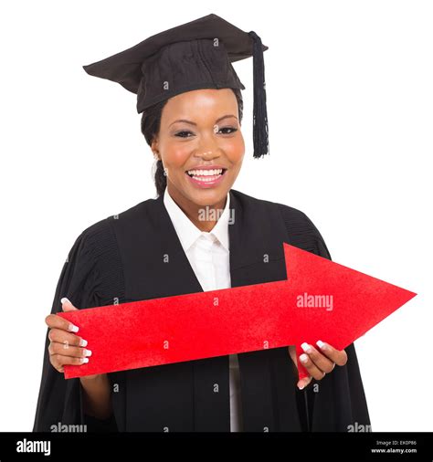 African American Female Graduate Holding Big Direction Arrow On White