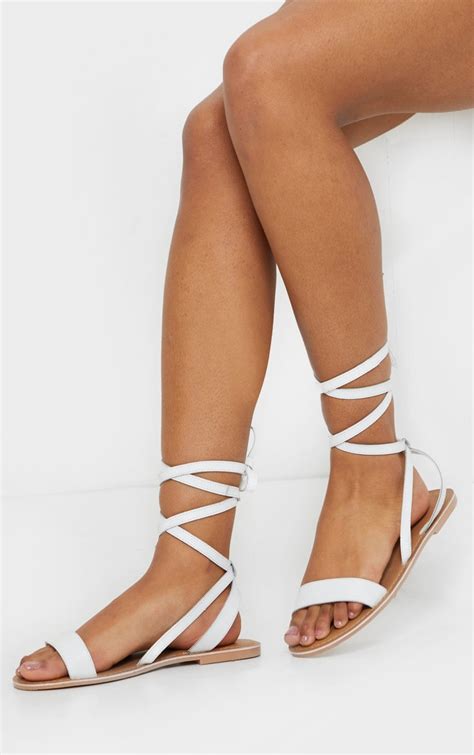 White Wide Fit Leather Strappy Basic Sandals Prettylittlething