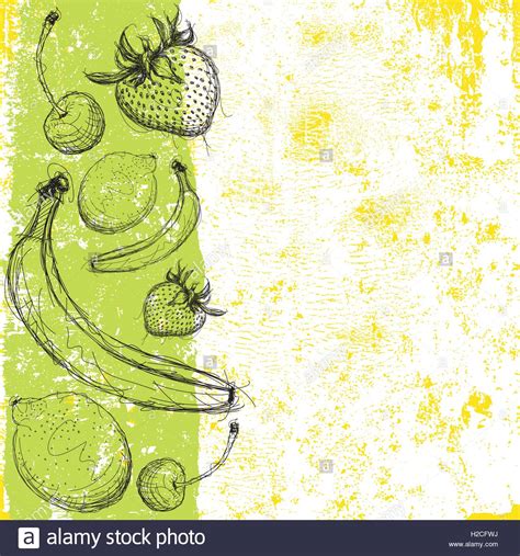 Fruit Background Sketchy Hand Drawn Strawberry Cherry Banana And