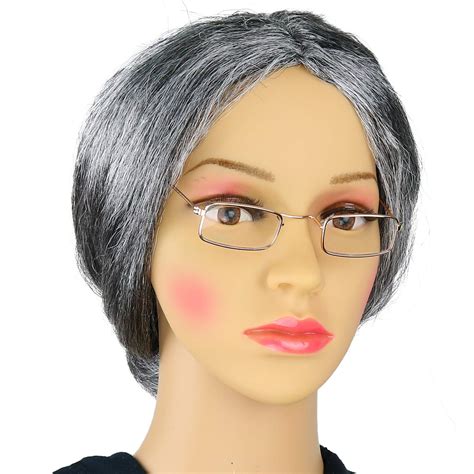 Old Lady Costume Set Grey Granny Wig And Fake Gold Rectangle Eyeglasses Grandma Set For Women