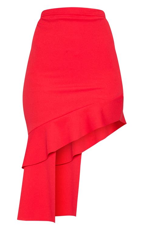 Red Frill Asymmetric Midaxi Skirt Skirts Prettylittlething
