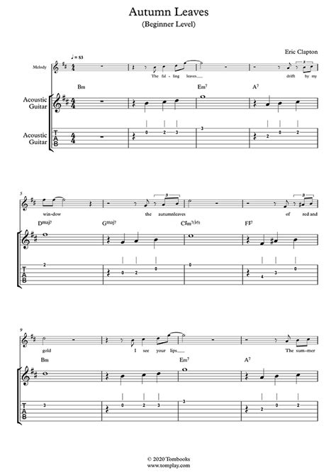 Try experimenting with different expressions in your bending when learning how to read guitar sheet music for lead guitar! Guitar Sheet Music Autumn Leaves (Beginner Level, Acoustic Guitar, with Orchestra) (Clapton Eric)