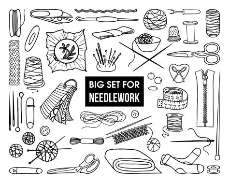 A Set Of Tools And Accessories For Needlework On A White Background