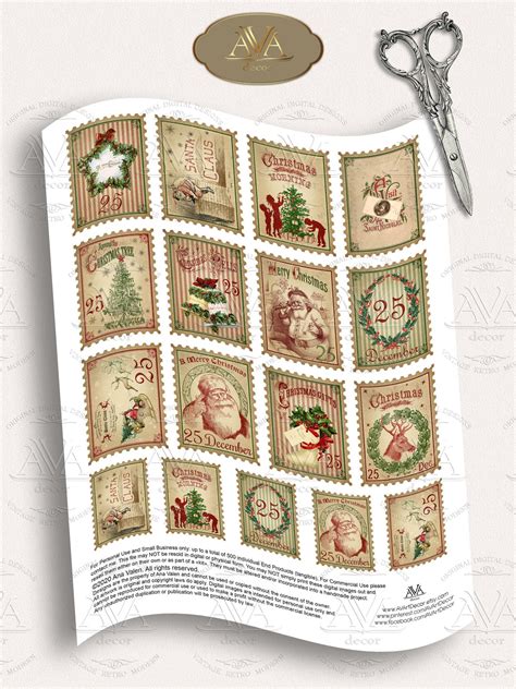 Xmas Stamps Faux Printable Digital Download Vintage Santa Etsy