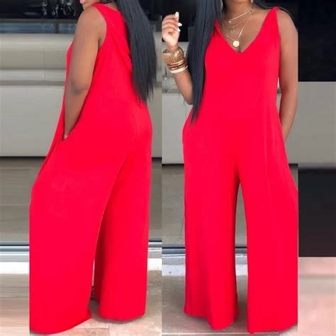 red loose jumpsuit women summer hooded v neck sleeveless rompers jumpsuits casual wide leg one