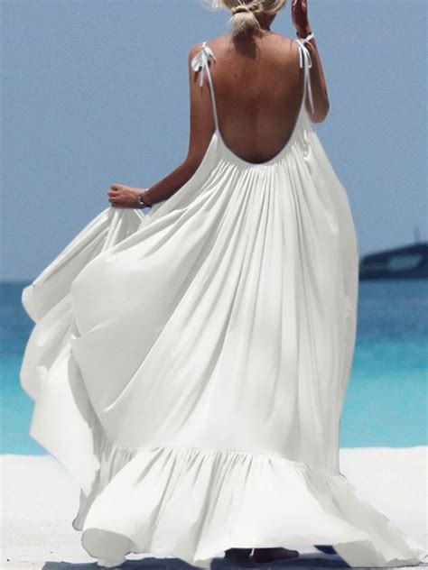 White Tie Back Backless Round Neck Big Swing Flowy Beach Women Maxi Dress Backless Long Dress