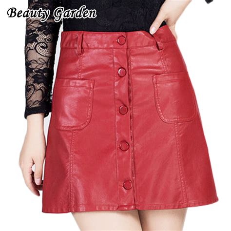 Beauty Garden Solid Sweetwear Pu Buttons Skirt Office Lady Sexy Pockets Leather Skirt Above Knee