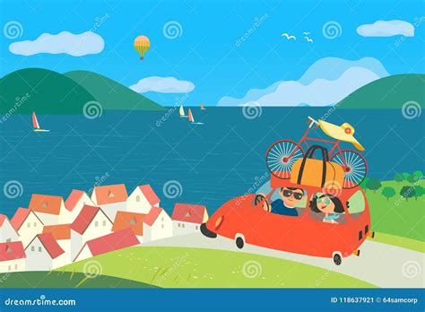 旅行乘汽车 向量例证 插画 包括有 旅途 男人 自动 女演员 图画 钞票 红色 移动 动画片 118637921