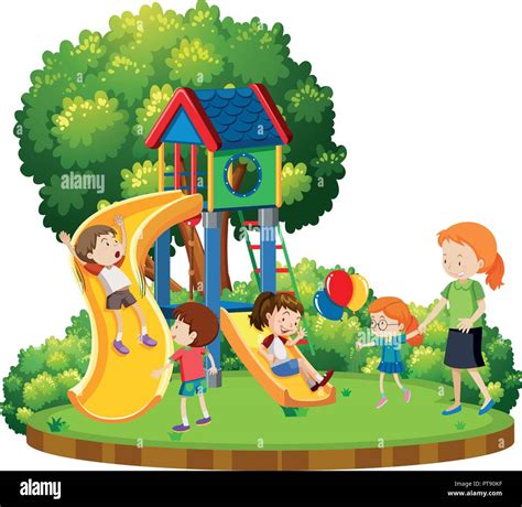 Mother And Children At Playground Illustration Stock Vector Image And Art