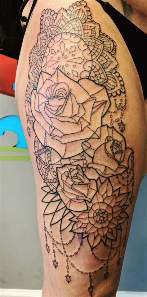 See more ideas about mandala tattoo, body art tattoos, tattoos. Mandala lace and rose tattoo | Rose tattoo thigh, Lace ...