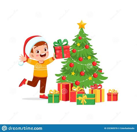 Happy Little Boy Holding Present For Christmas Stock Vector