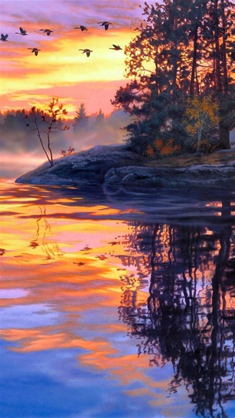 Wallpaper Art Painting Twilight Scenery Lake Forest