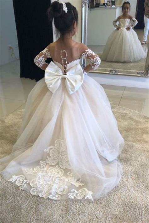 cute off the shoulder long sleeves lace flower girl dresses with train 2020 flower girl dresses