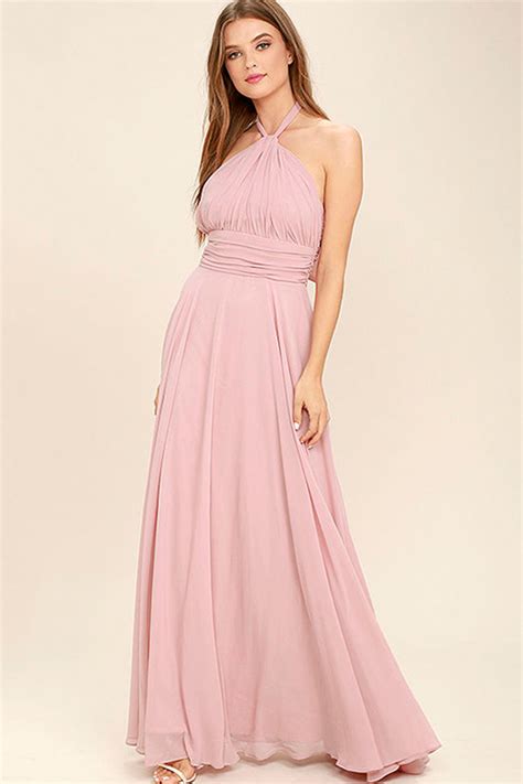 light pink halter backless pleated chiffon maxi party dress
