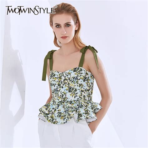Twotwinstyle Print Women S Vest Square Collar Spaghetti Strap Sleeveless Hit Color Bowknot