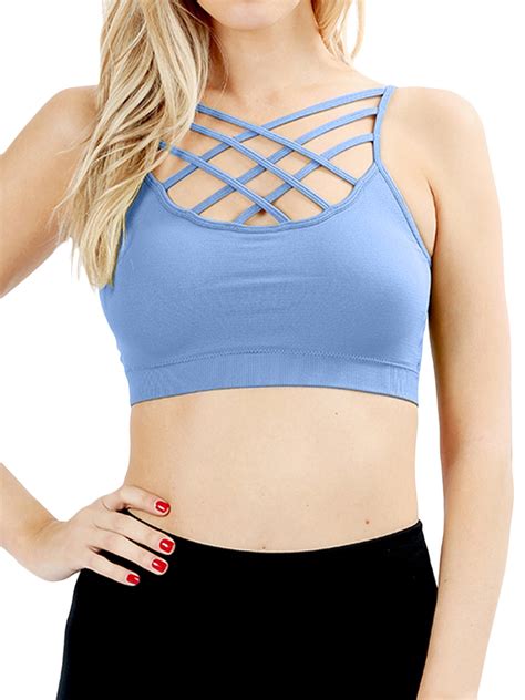 Womens Comfort Seamless Crisscross Front Strappy Bralette Sports Bra Top With Removable Pads