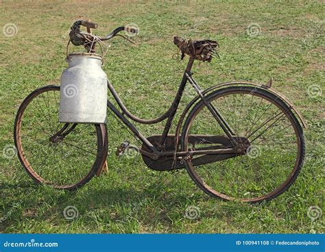 Old Milking Bicycle With Aluminum Milk Canister To Deliver Milk Stock Photo Image Of Canister