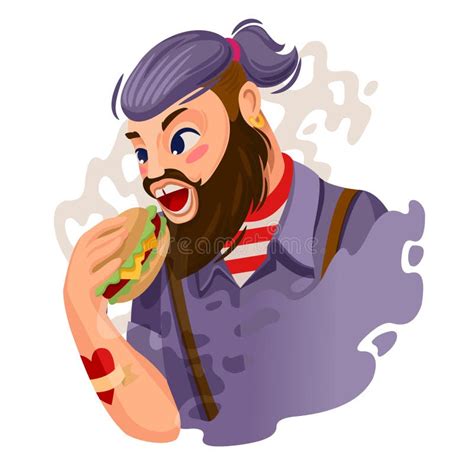 Cartoon Color Character Person Hipster Man Eating Burger Concept