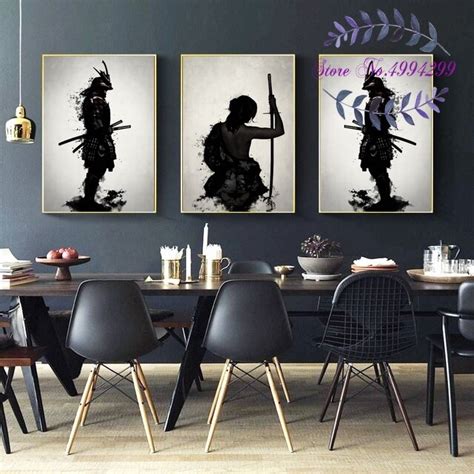 Japan Style Armored Samurai Female Abstract Ink Poster Canvas Art Print