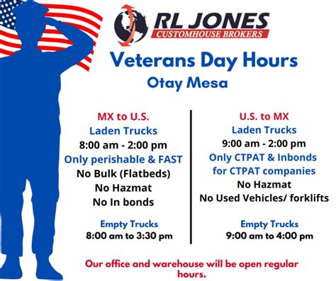Otay Mesa Hours Of Operation For Veterans Day On Monday November 11