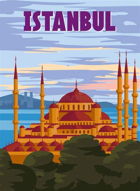 Istanbul Retro Poster Sunset City Turkey Noble Hagia Sophia Grand Mosque Vintage Touristic