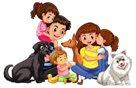 Familia Feliz Con Sus Mascotas Sobre Fondo Blanco Vector Gratis