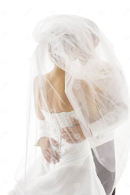 Bride And Groom Covered Veil Wedding Couple Kissing Back Rear Stock