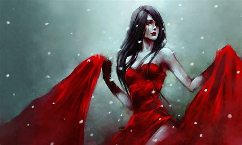 Women Brunette Eyes Dress Fantasy Art Red Winter Wallpapers Hd
