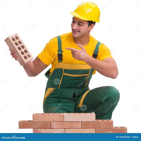 The Handsome Construction Worker Building Brick Wall Stock Image