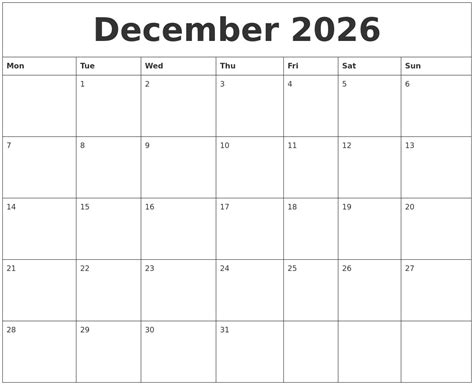 December 2026 Printable December Calendar